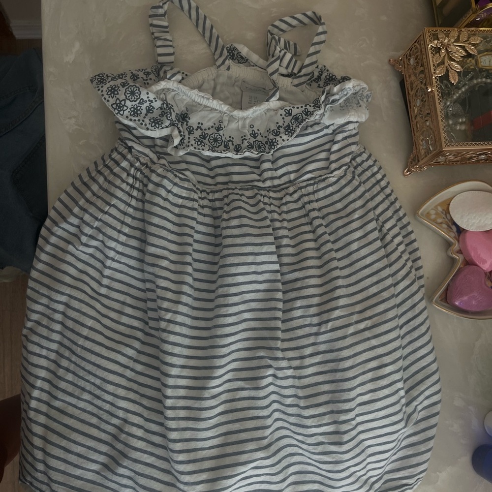 Tahari Blue and White Striped Dress with Floral Accents